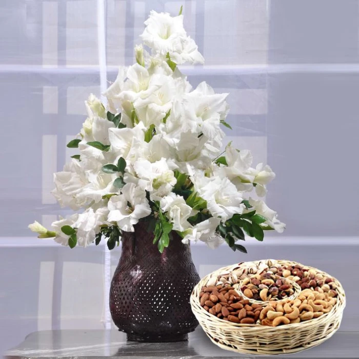 Glads with Dry Fruits Basket White Gladiolus & 1kg Premium Nuts Hamper