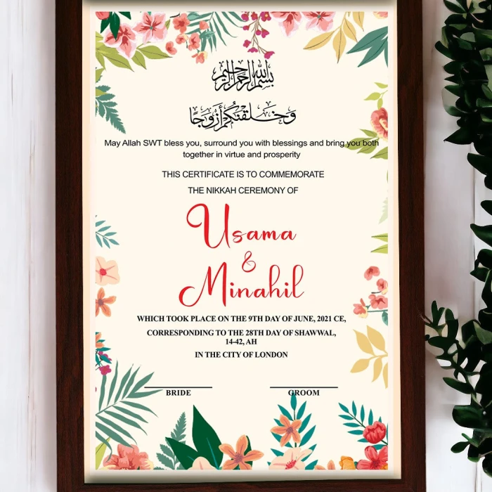 Custom Nikkah Frame Personalized Wedding Certificate Design
