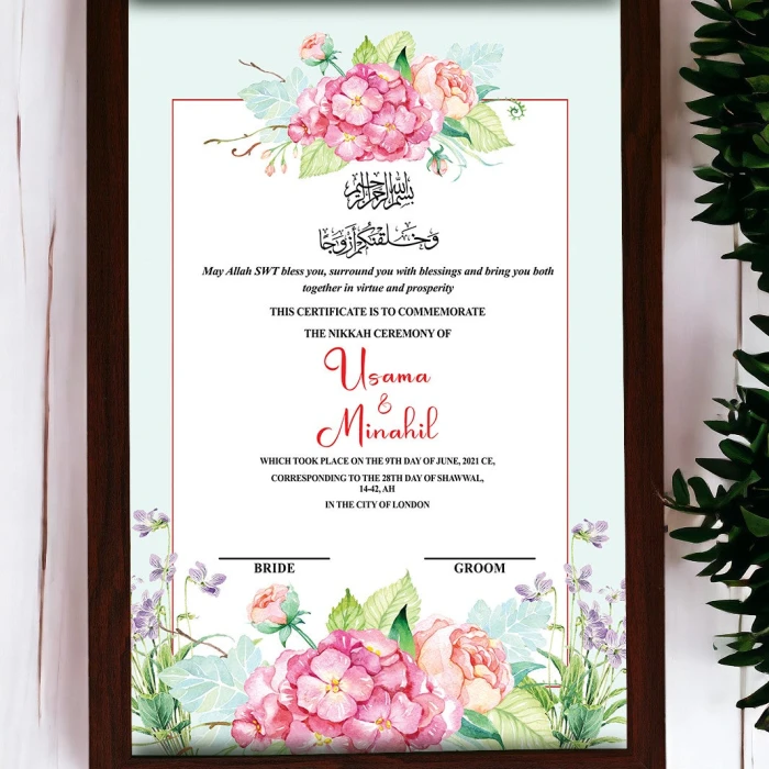 Nikkah Frame Premium Quality  Personalized Islamic Wedding Certificate