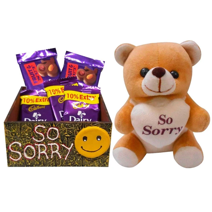 Sorry Gift for Girlfriend Scroll Card, Chocolates & Teddy Basket