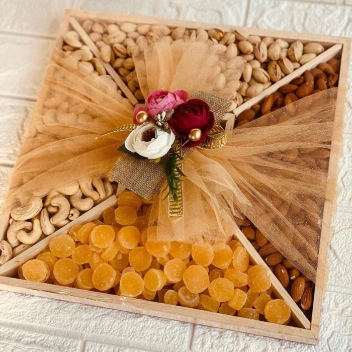Four-Section Wooden Dry Fruits Box Gourmet Nuts & Raisins Gift Hamper