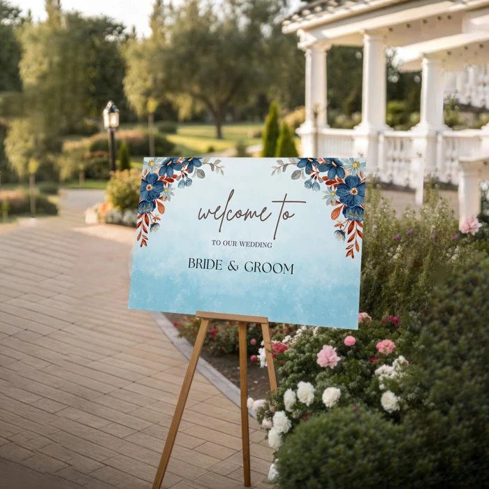 Wedding Welcome Board with Blue & Red Flowers Elegant Floral Design