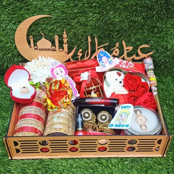 Eid Gift Hamper for Her Jewelry, Perfume & Sweets in Stylish Basket Eid Gift Hamper for Her Jewelry, Perfume & Sweets in Stylish Basket