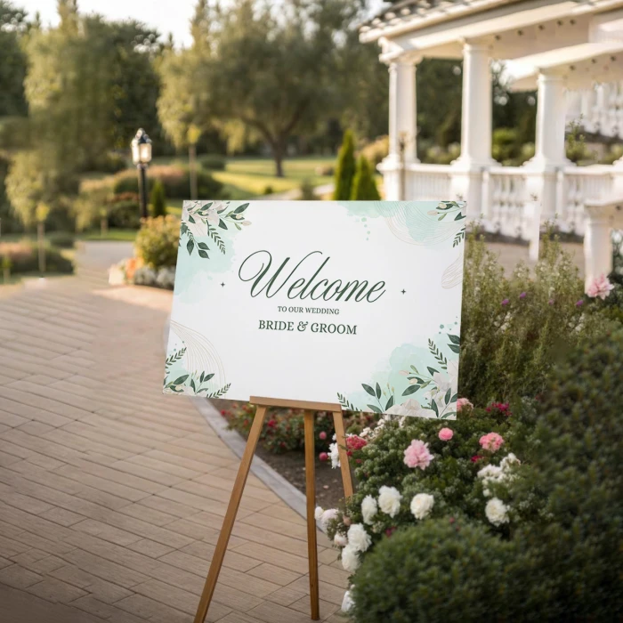 Cute Green Theme Wedding Welcome Board