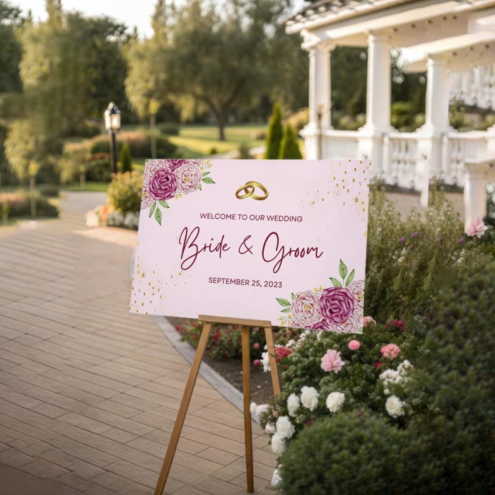 Pink Theme & Ring Design Wedding Welcome Board