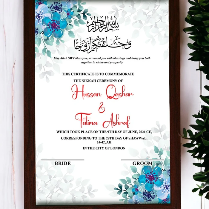 Islamic Wedding Contract Custom Frame Personalized Nikkah Certificate