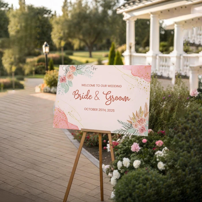 Pink Theme Wedding Welcome Board Custom Bride & Groom Name Sign