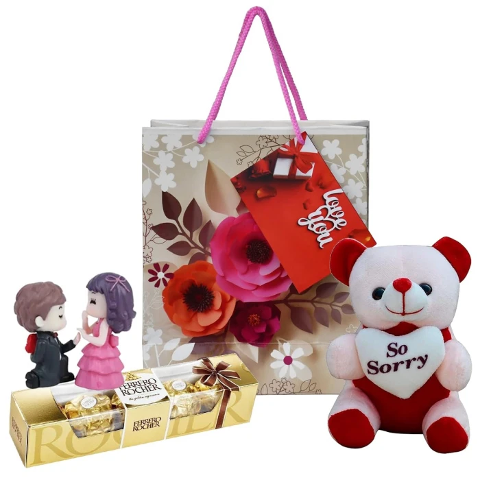 Sorry Gift Combo – Teddy Bear, Couple Showpiece, Chocolate Box & Carry Bag