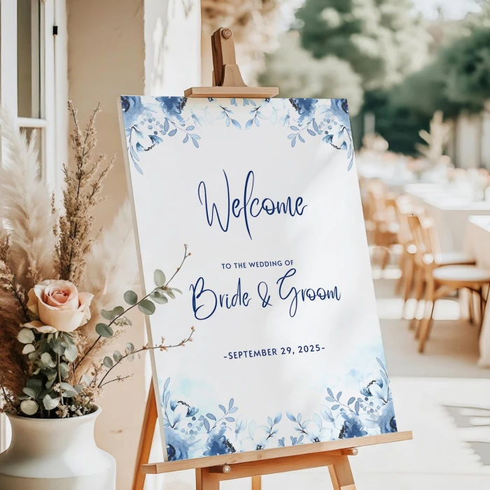 Blue Flower Wedding Welcome Board Elegant Custom Sign