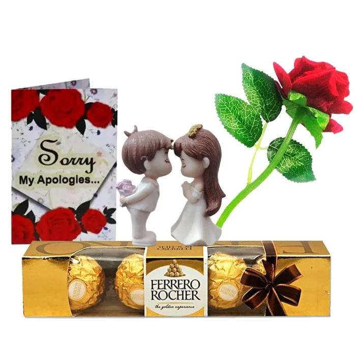 Apology Gift Combo Card, Red Rose, Couple Showpiece & Chocolate Box