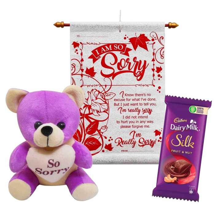 Sorry Scroll Card, Teddy Bear & Chocolate Combo Gift