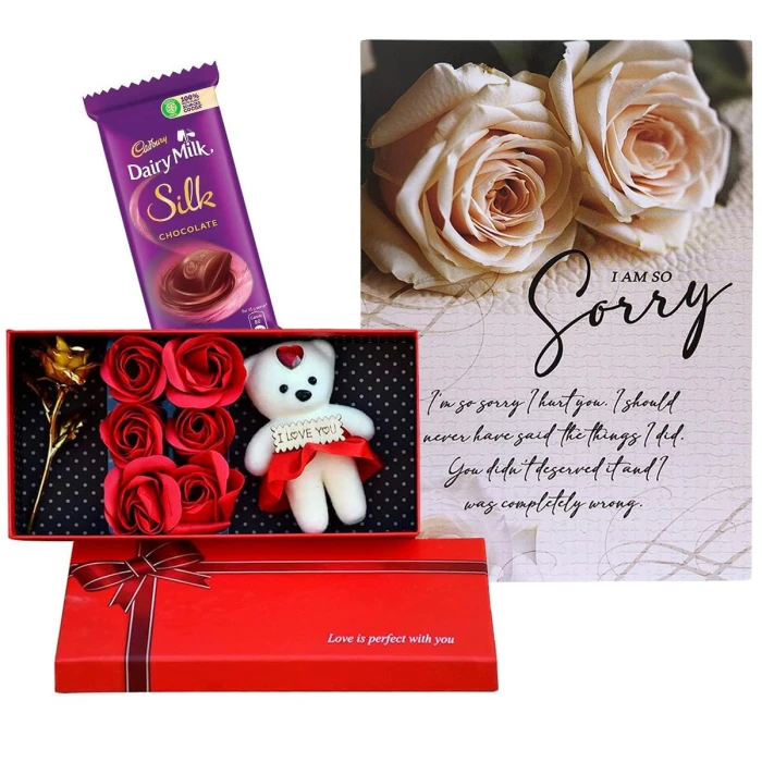 Sorry Gift Box Greeting Card, 6 Red Roses Gold Dipped Soft Teddy & Chocolate