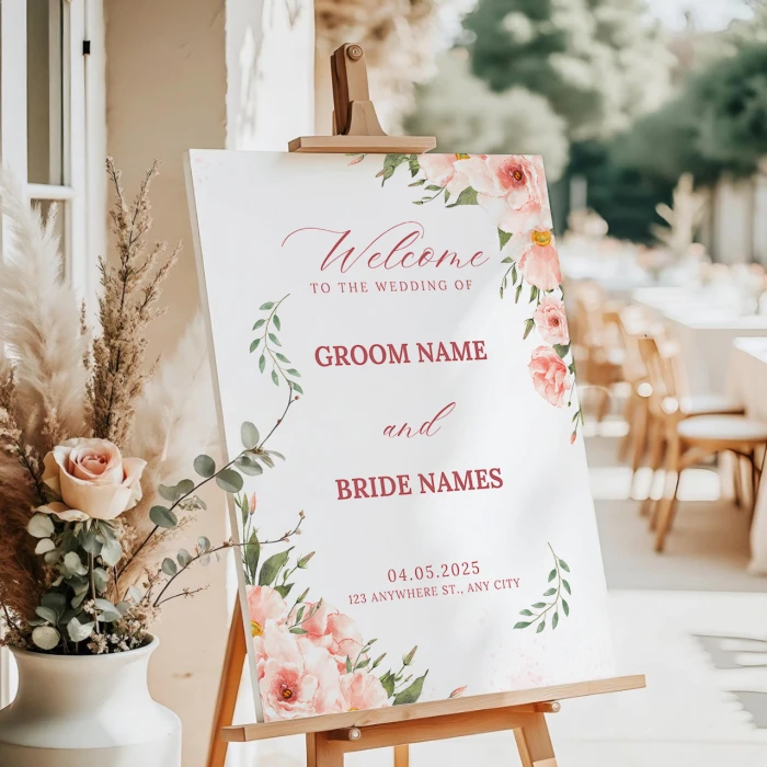 Wedding Welcome Board with pink flower design