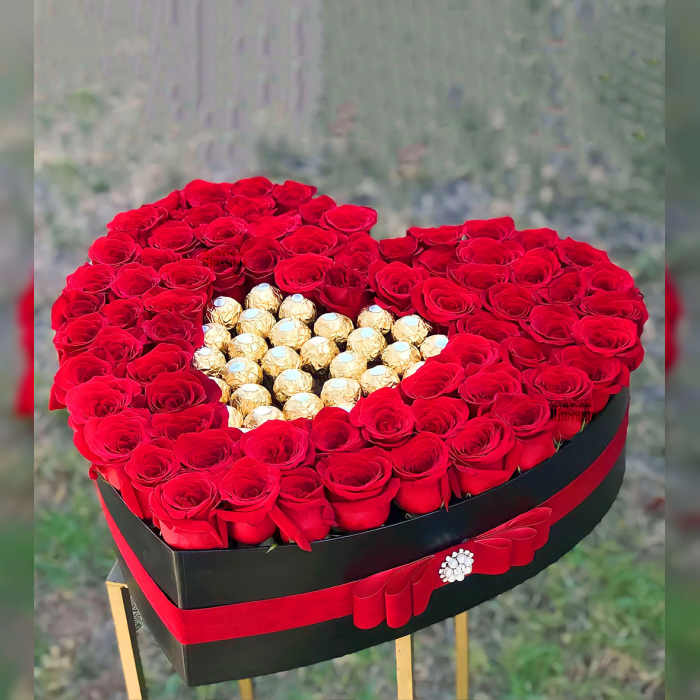 Romantic Heart-Shaped Box with Red Roses & Ferrero Rocher Luxury Gift for Her