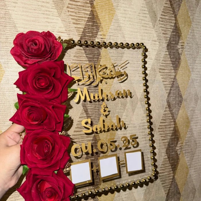 Personalized Acrylic Nikkah Thumb Board Modern with Red Rose