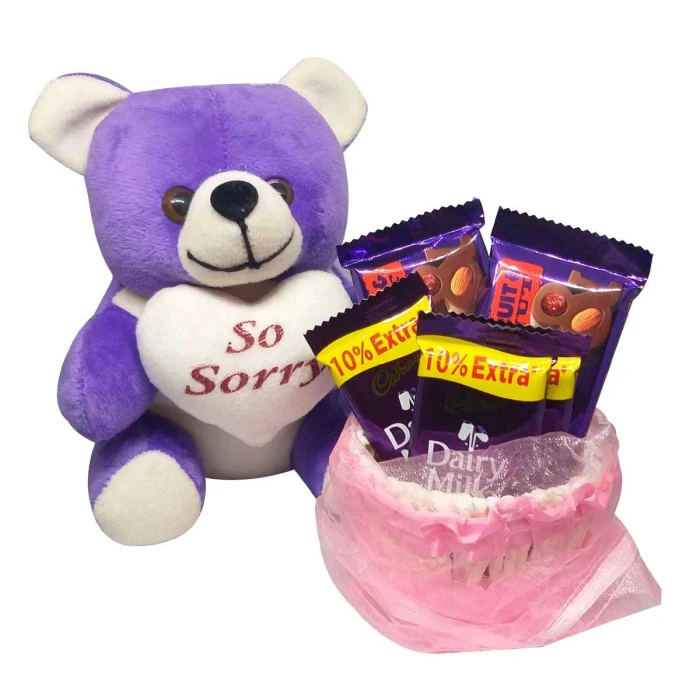 Sorry Gift Combo – Soft Teddy Bear with 5 Dairy Milk Chocolates