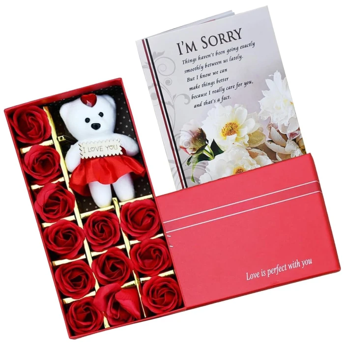Sorry Gift Box – Apology Greeting Card, Soft Toy & 12 Red Roses