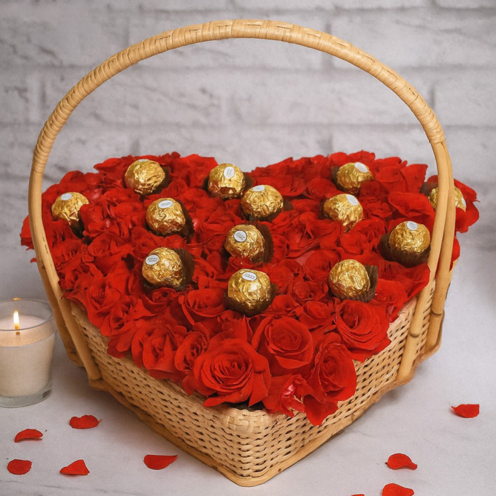 Elegant Rose & Ferrero Heart Basket Dozen Roses Ferrero Rocher Elegant Rose & Ferrero Heart Basket Dozen Roses Ferrero Rocher