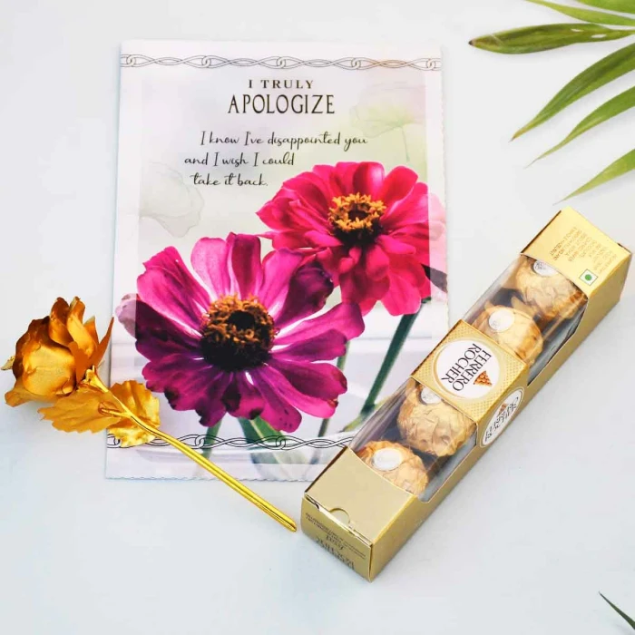 Apology Gift Combo Sorry Card, Golden Rose & Chocolate