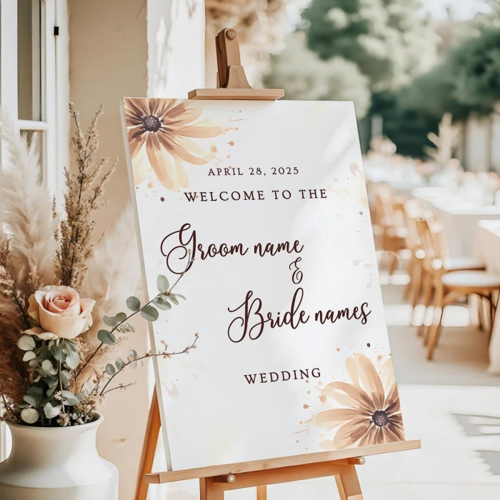 Wedding Welcome Board with Brown Flowers Rustic & Elegant