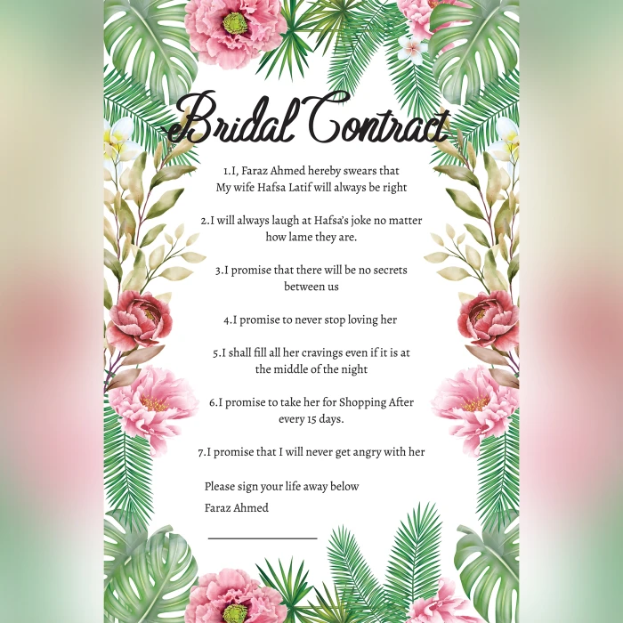 Customized Bridal Contract Personalized Wedding Agreement