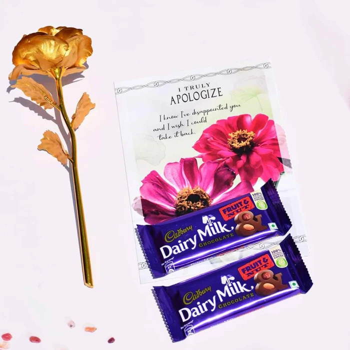 Sorry Gift Combo – Apology Card, Golden Rose & Dairy Milk Fruit & Nut Chocolates