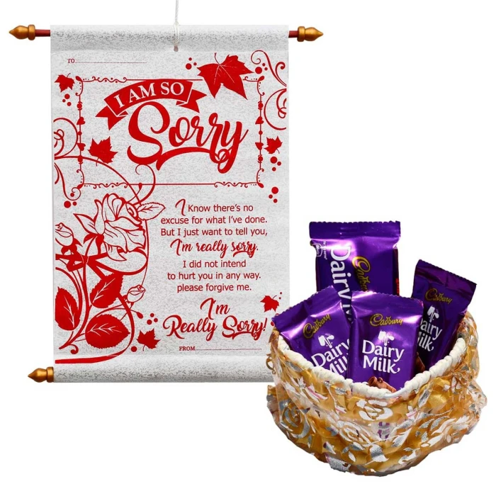 Sorry Gift Combo – Scroll Greeting Card with Basket & 4 Dairy Milk Chocolates