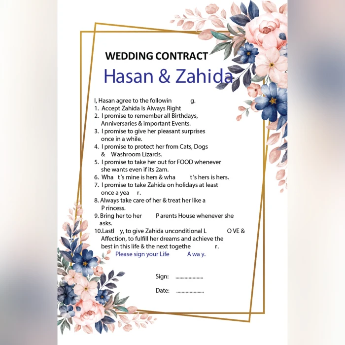 Customized Bridal Contract Tailored Wedding Agreement