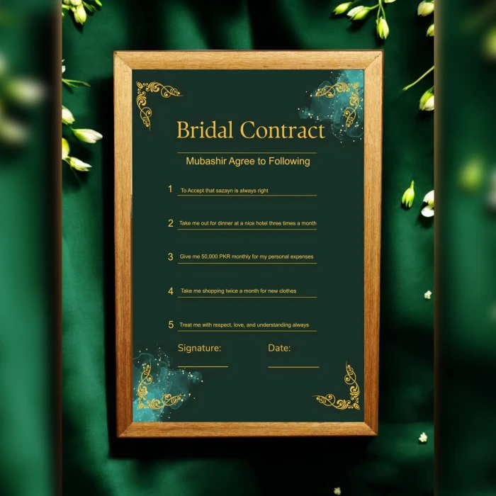 Bridal Contract Green Scroll Timeless Wedding Agreemen