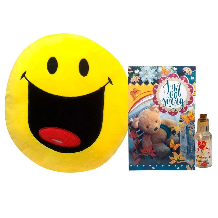 Sorry Gift Combo – Apology Card, Smiley Cushion & Message Bottle