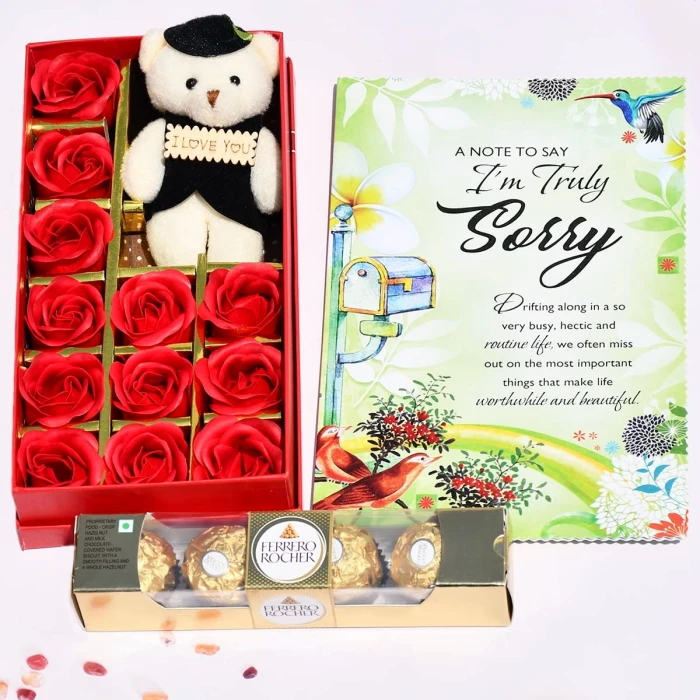 Apology Gift Pack Sorry Card, Soft Teddy, 12 Scented Roses & Chocolate