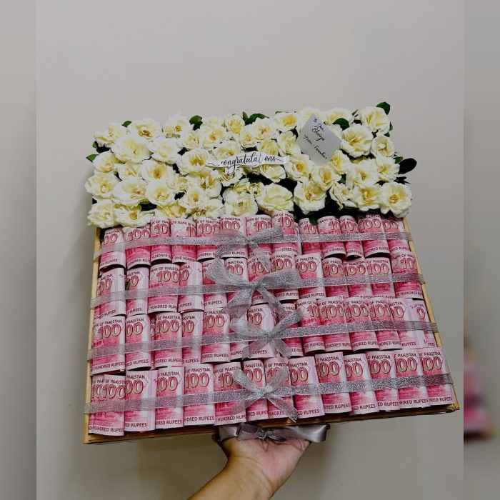 Elegant Gift Box of Fresh Blooms & Cash