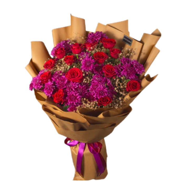Evening Gala Flower Bouquet Red Roses & Purple Chrysanthemums Evening Gala Flower Bouquet Red Roses & Purple Chrysanthemums