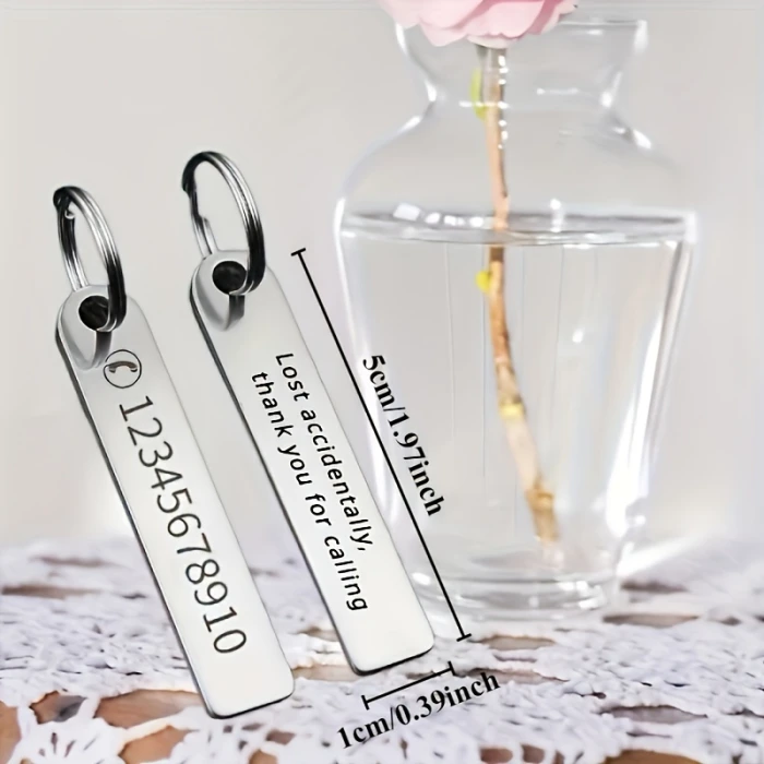 Custom Engraved Stainless Steel Keychain Personalized Contact Info Tag Simple Unplated Keyring