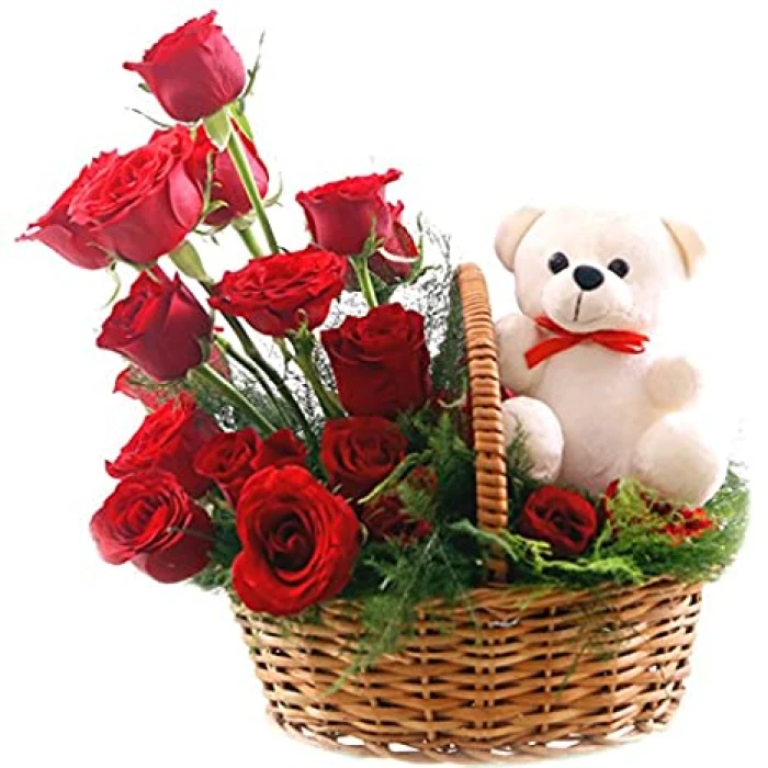 Romantic Flower Basket with Red Roses & Teddy Bear – Gift for Her