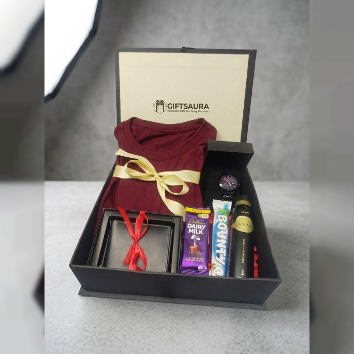 Luxury Men’s Gift Hamper Box with T-Shirt, Watch, Wallet & Chocolates