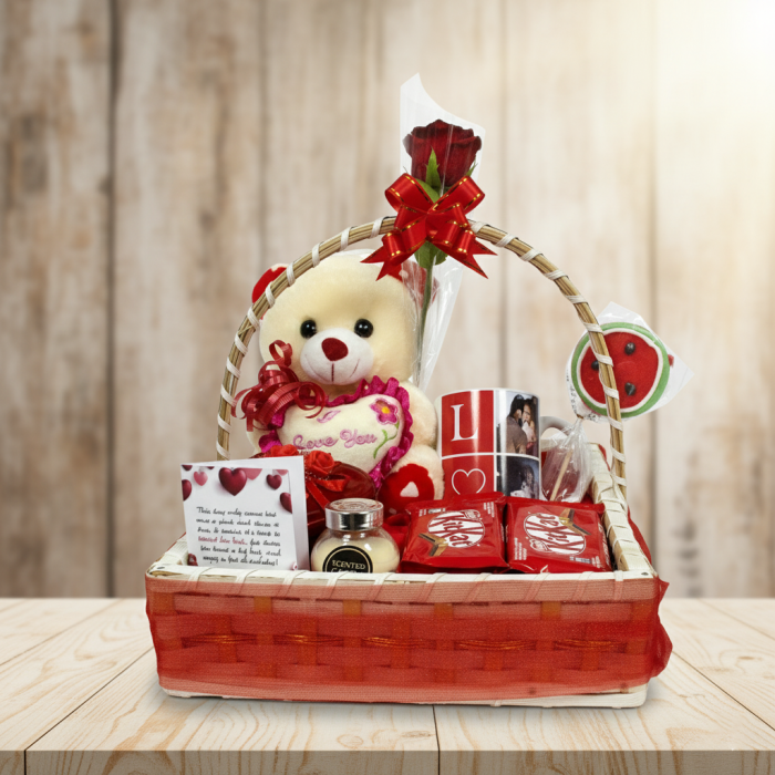 Love Special Gift Basket with Teddy, Rose, Mug & Chocolates – Romantic Surprise for Loved Ones