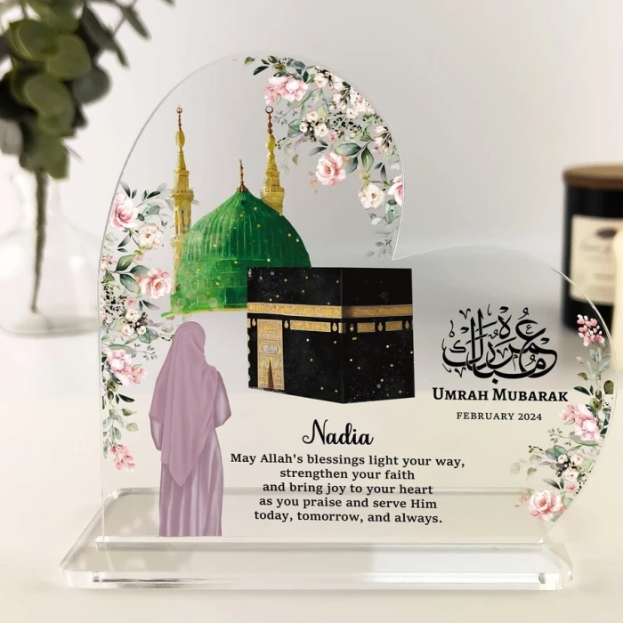 Personalised Umrah Mubarak Floral Heart Acrylic Plaque Gift for Her