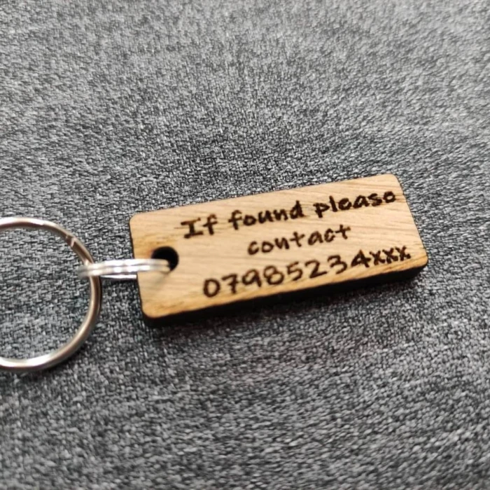 If Found Please Contact Oak Veneer Keyring – Custom Phone Number Lost Key Tag