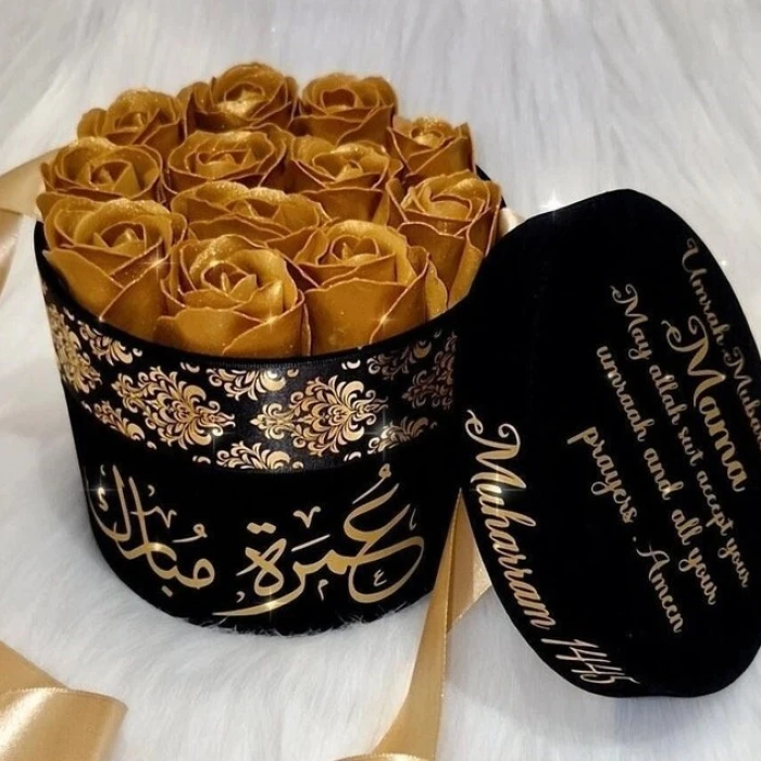 Personalised Umrah Gift Box Luxury Velvet Box with Roses & Chocolates