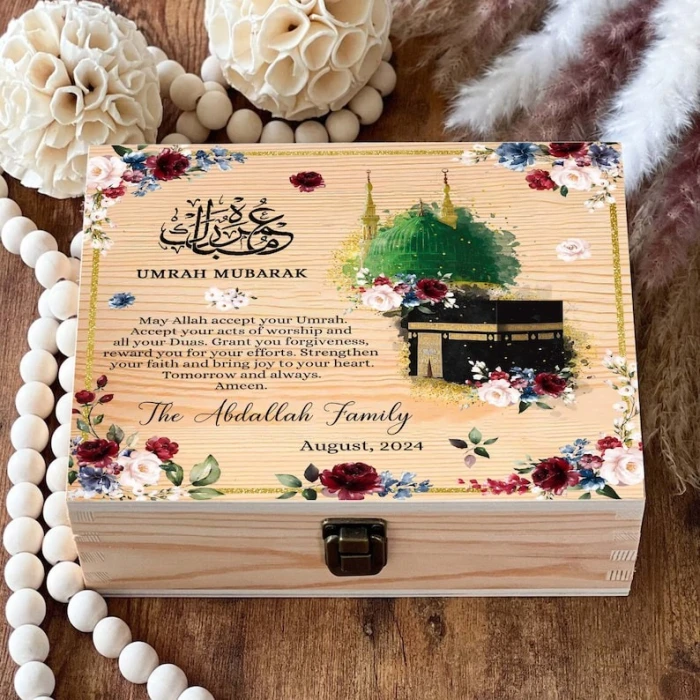Personalized Umrah Mubarak Wooden Gift Box Custom Floral Prayer Box