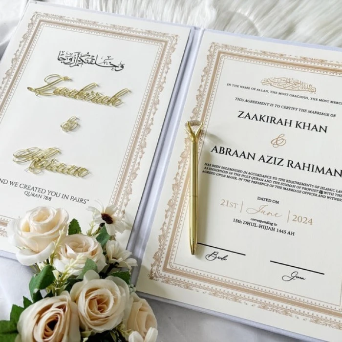 Personalized Luxury Nikkah Certificate – Custom Islamic Marriage Contract with Holder & Pens