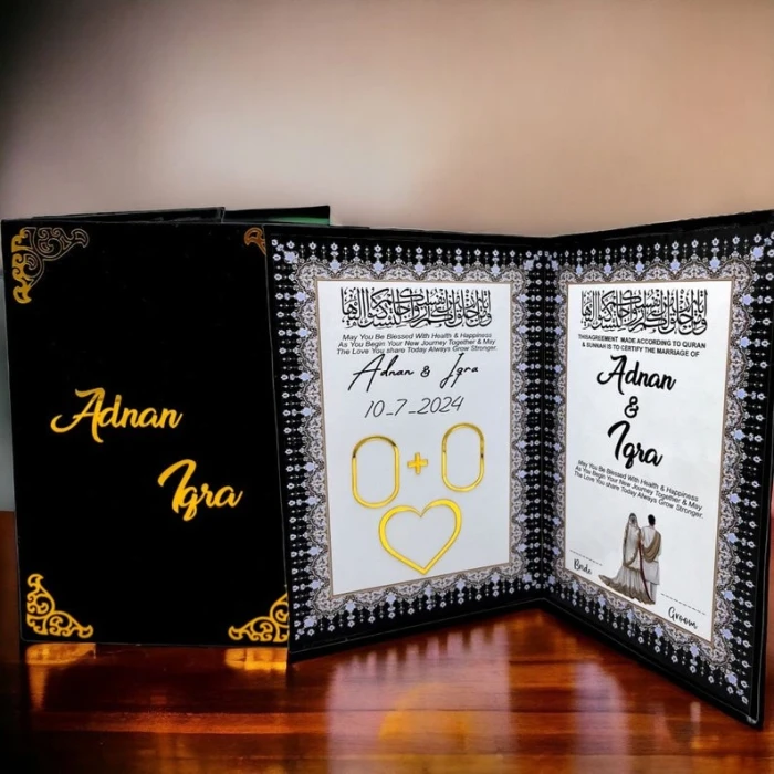 Personalized A4 Black Velvet Nikah Certificate Folder – Thumbprint & Fancy Pen Keepsake