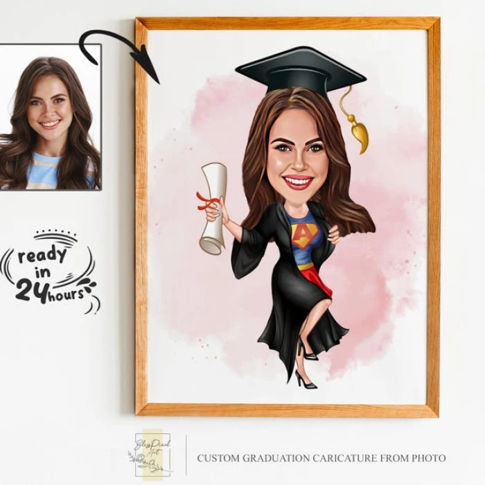 Custom Graduation Cartoon Portrait – Personalized Cap‑and‑Gown Caricature