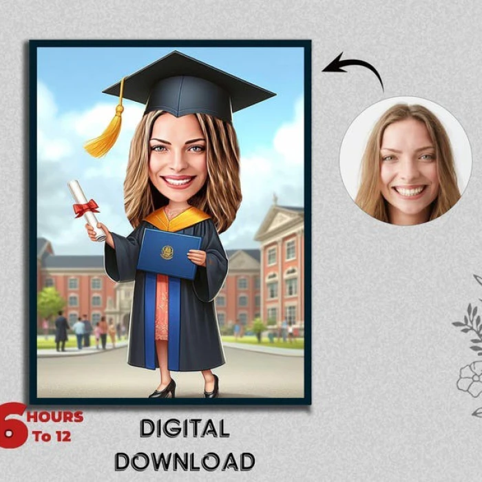Custom Graduation Caricature – Personalized Diploma Portrait Digital Download