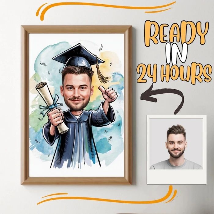 Custom Graduation Cartoon Portrait – Personalized Cap & Gown Digital Art