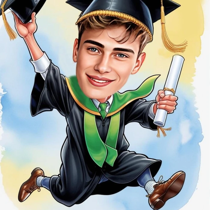 Personalized Male Graduation Caricature Custom Cartoon Portrait with Cap & Diploma