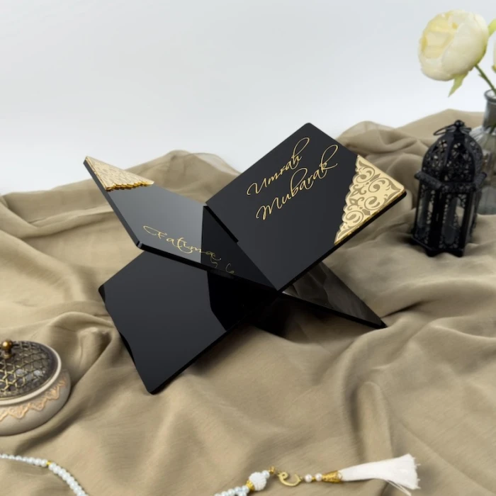 Personalised Black Quran Holder Umrah Mubarak Acrylic Stand with Custom Gold Name