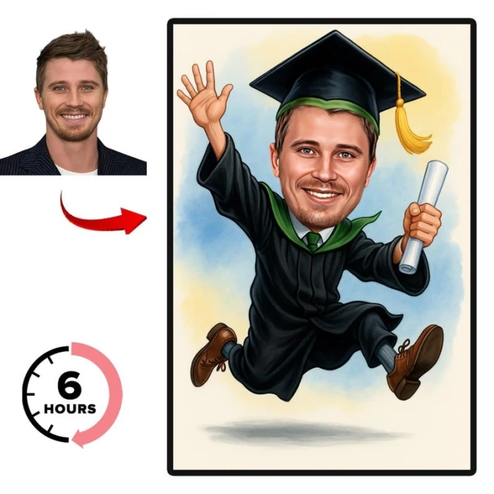 Custom Graduation Cartoon Portrait – Personalized Caricature from Photo