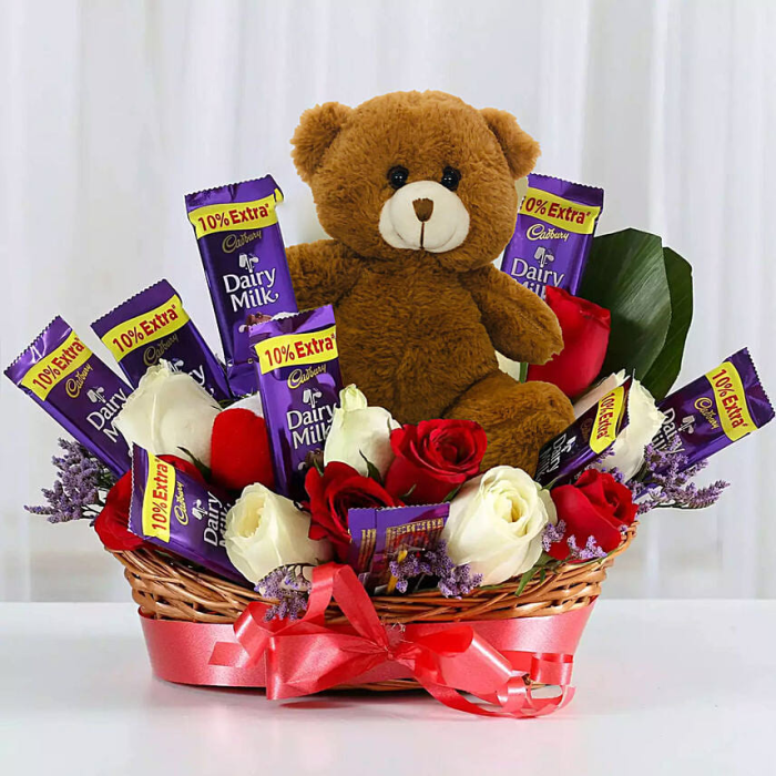 Special Surprise Arrangement Red Roses, Dairy Milk & Teddy Bear Gift Basket